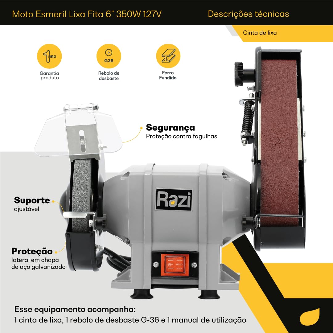 Razi Moto Esmeril com Lixa de Fita 220V 350W 3450 RPM – Afiador
